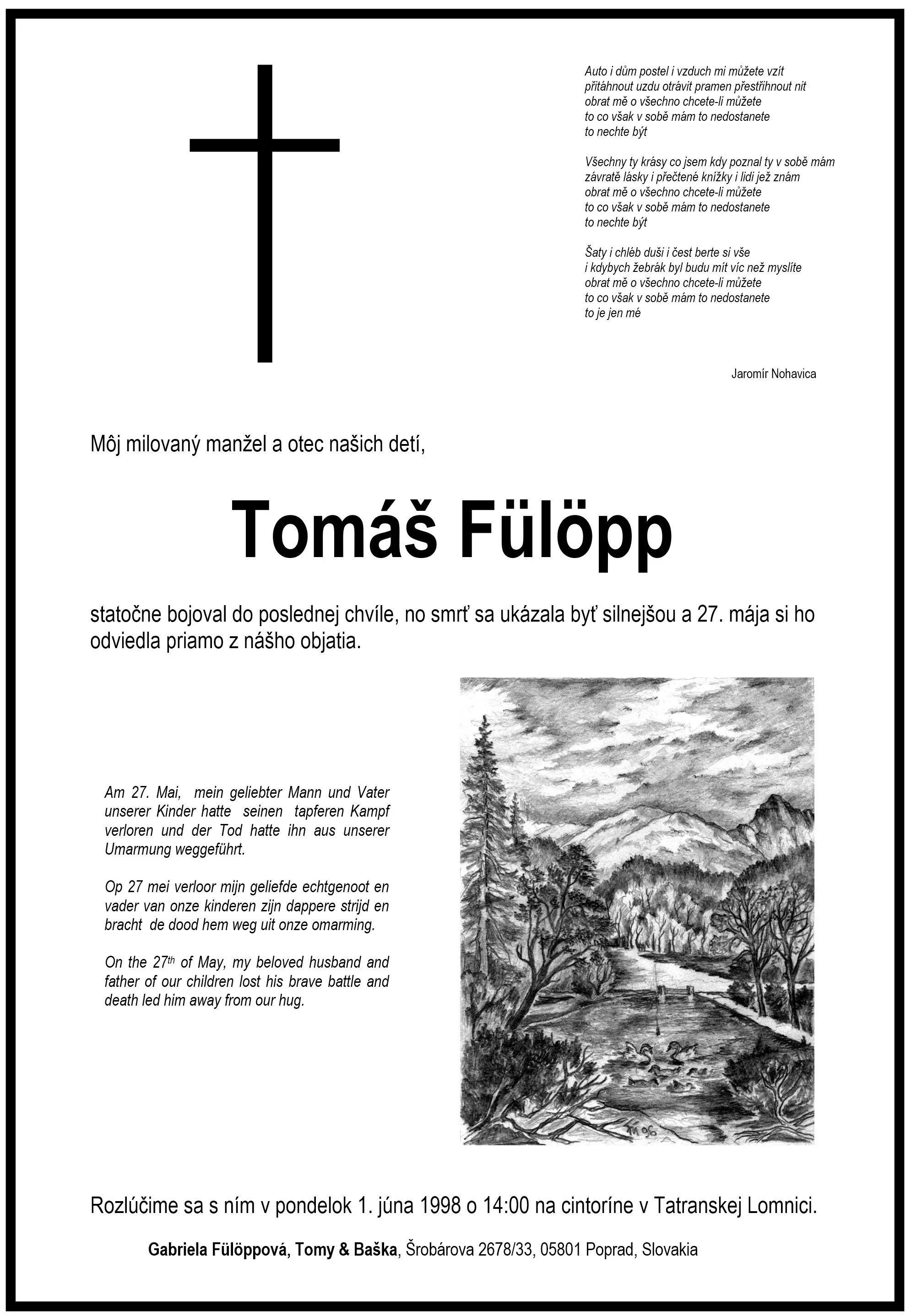 Smútočné oznámenie o úmrtí Tomáša Fülöppa staršieho (27. mája 1998)