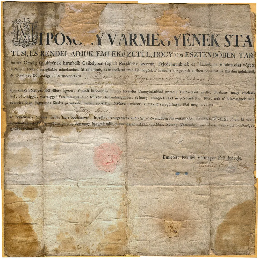 Historická listina v starej maďarčine o Imre Fülöppovi z Bratislavy, august 1810