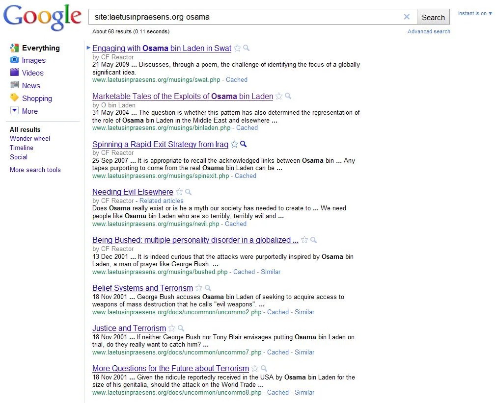 Google search results for keyword "osama" for site laetusinpraesens.org